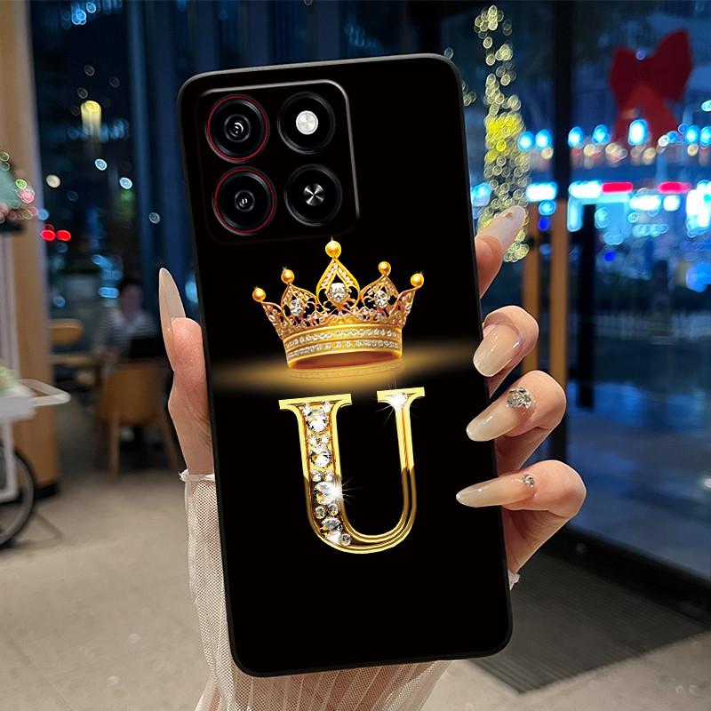 Cool Lucky A-Z Letter Phone Case For ZTE Blade A35/A55 Soft Silicone Black Case Shockproof Luxurious Glitter Crown Shell
