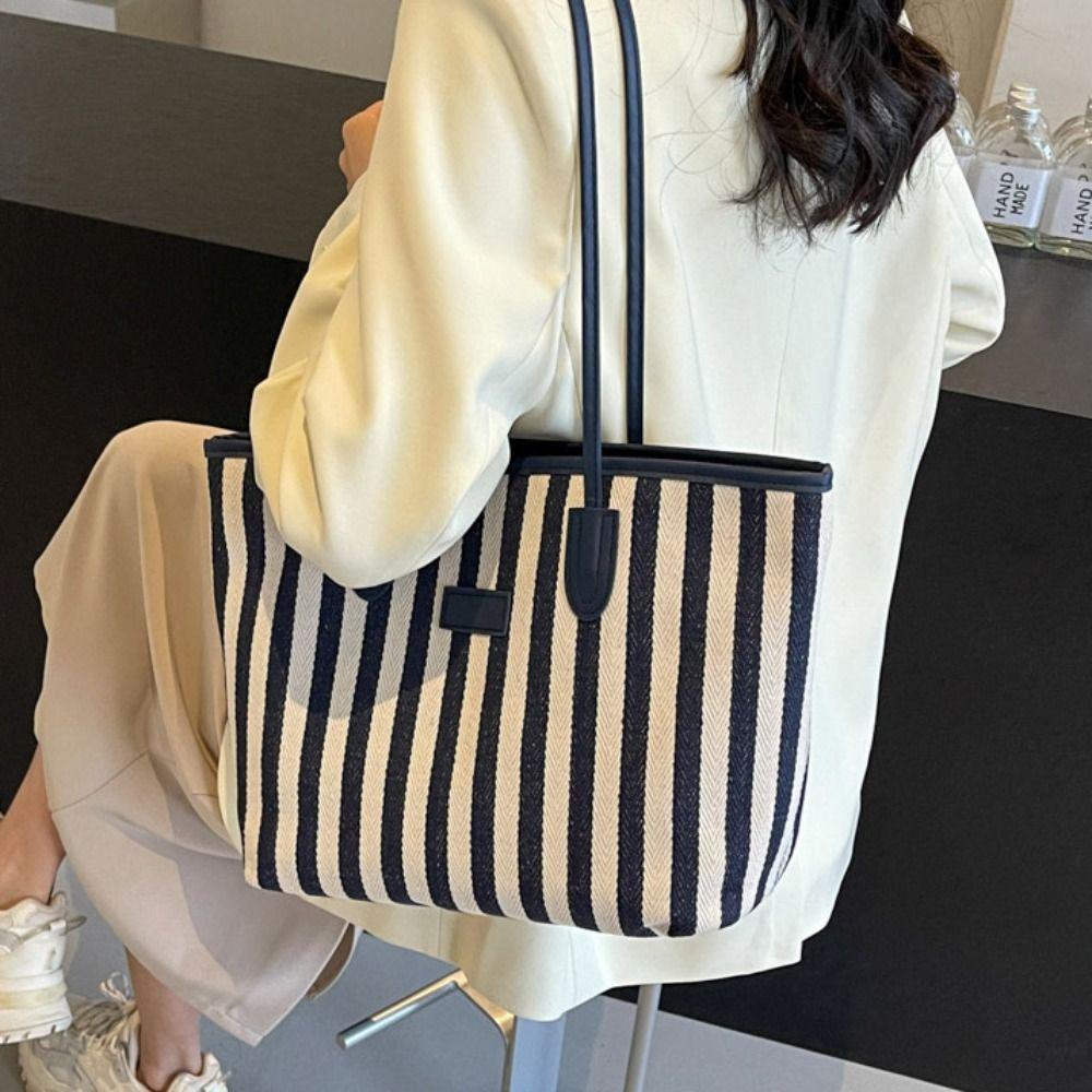 Zipper Shoulder Bag Korean Style Shopping Handbag Casual Stripe Canvas Tote Bag  Girls