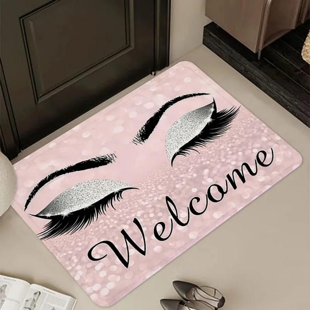 Patterned Door Mat Set Eyelash Multilingual Greeting, Stylish Non-Slip Entryway Rug, Decorative Floor Mat Gift for Home Decor