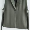 Women Vest Coat Turn-down Collar Sleeveless Loose Solid Color Single Button Cardigan Strap Decor Mid Length Commute Formal Suit