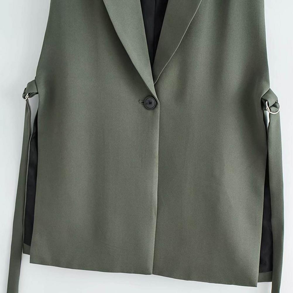 Women Vest Coat Turn-down Collar Sleeveless Loose Solid Color Single Button Cardigan Strap Decor Mid Length Commute Formal Suit