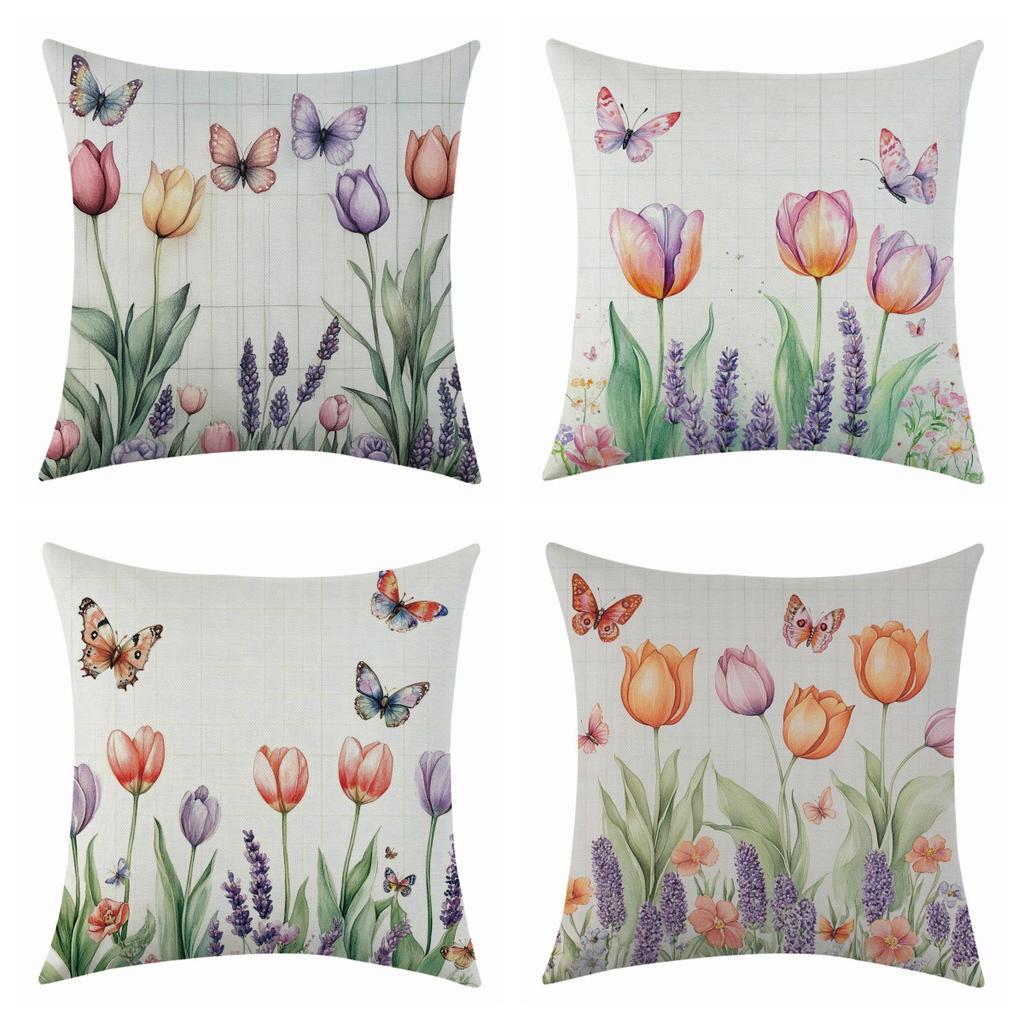 New Butterfly Flower Linen Printed Pillowcase for Holiday Decoration, Car Sofa Cushion