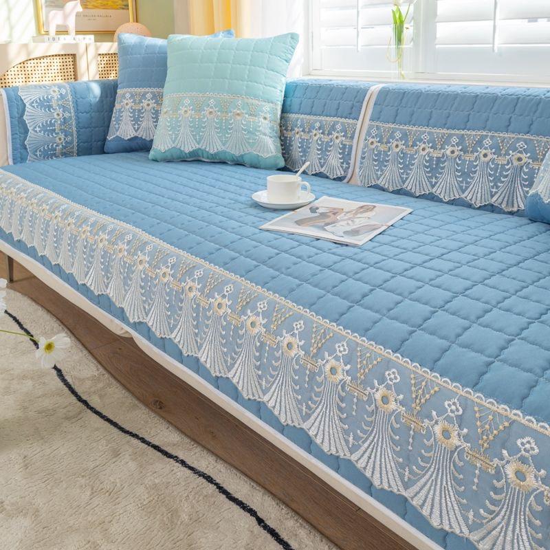 Plaid Lace Decorated Non-slip Sofa Cover Protector Chaise Four Season Universal Stretch Corner Sofa Cushion Towel 1/2/3/4-seater