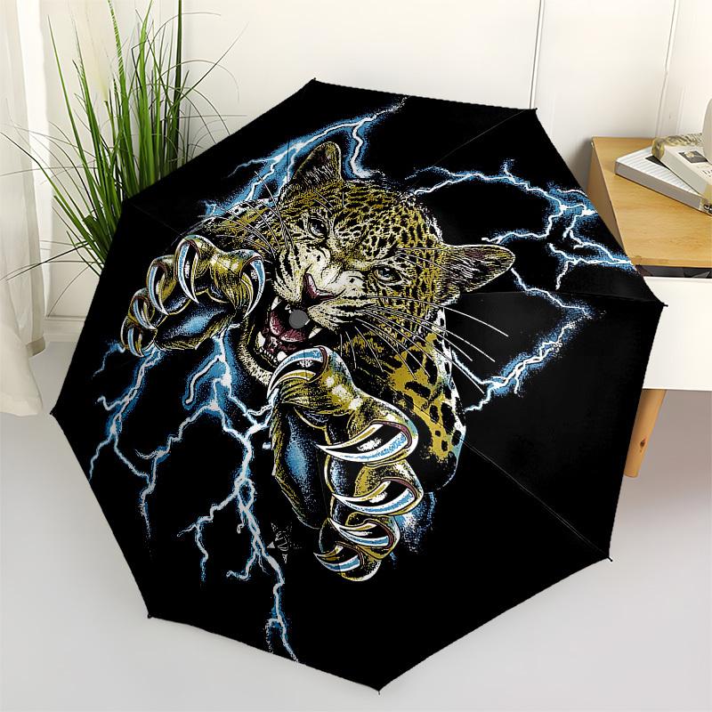 1pc Leopard, Lightning Automatic Folding Umbrella, Portable Collapsible Design, 8-Rib Iron Frame, Outdoor Accessory yy250905075