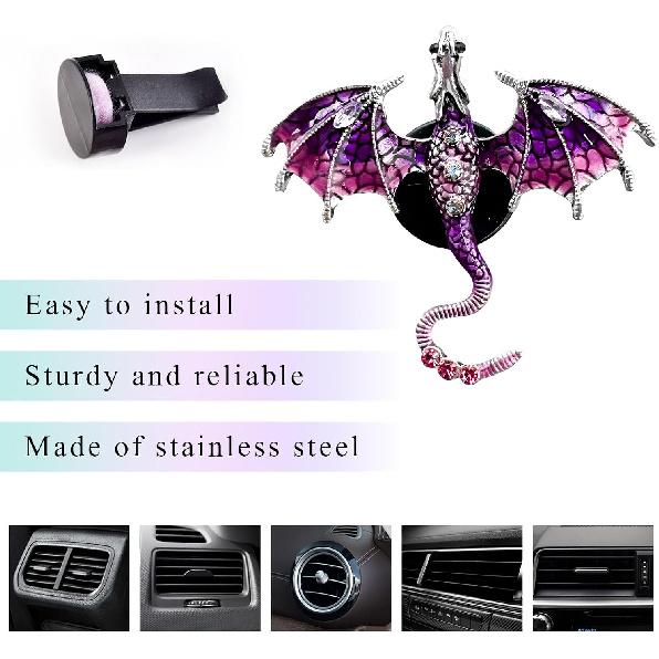 2PCS Bling Wyvern Car Air Freshener Vent Clips, Alloy Enamel Dragon Auto Outlet Clips with Fragrance Tablets, Refillable Cute Flying Dragon Crystal