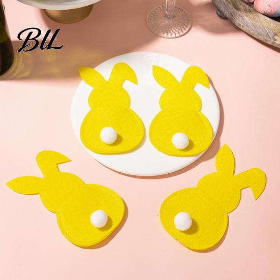 Easter Dinner Table Decor 4 Pcs Bunny Cutlery Holders, Felt Tableware Pouch Bags, Cute Rabbit Utensil Festive Centerpiece Accessory Sleeve,