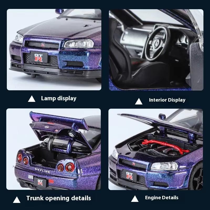 2024 Новинка 1:24 Nissan GTR R34 Skyline Supercar литой металлический сплав модель игрушечного гоночного автомобиля симулятор звукового и светового транспортного средства детский подарок