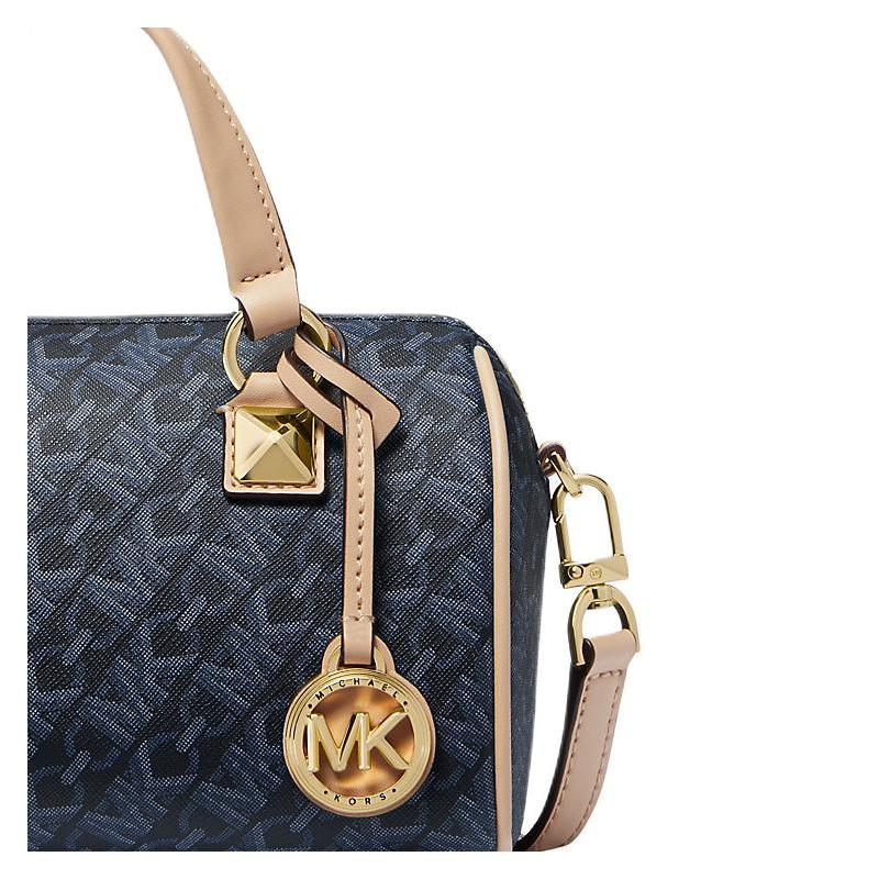 Michael Kors Грейсон Металлик Застежка-молния Покрытый холст Сумка Бостон Ручка Плечевая Сумка через плечо Маленькая Женская Темно-синий