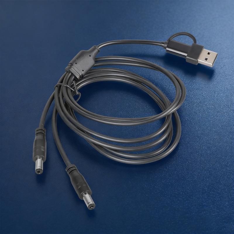 Двойной выход 5.5x2.5 мм Кабель для зарядки с разъемами USB A и Type C Вход Поддержка 5V 3A Длина 1 м Черный