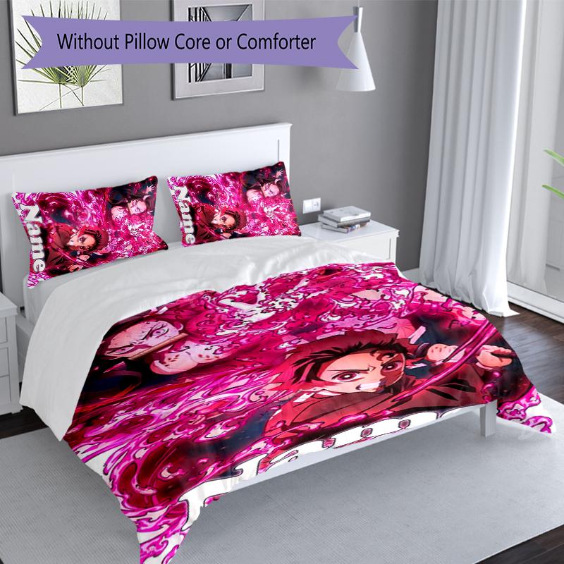 3pcs Custom Name Demon Slayer Tanjiro Kamado Set,Includes 1 Duvet Cover and 2 Pillowcases,All-season Bedroom Decor