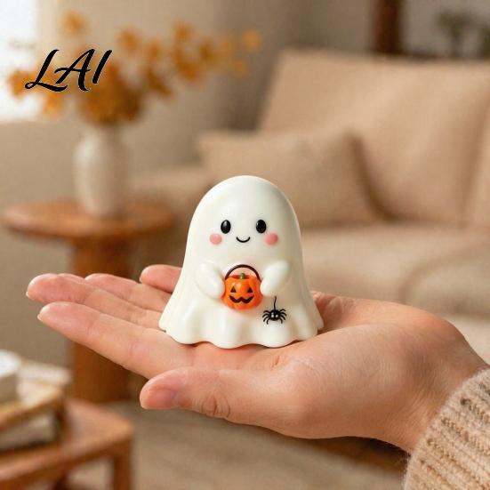 Small Ghost Sculpture Halloween Resin Figurine Creepy Witch Hat Statue Desktop Statue Pumpkin Reading Ornament for Holiday Party Decoration Figurine