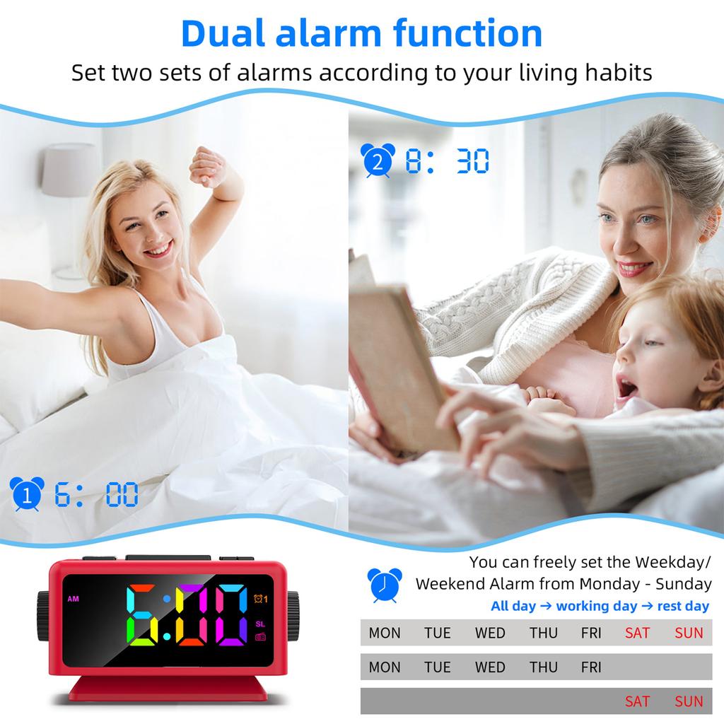 Colorful Digital Alarm Clock with 7 Colors and 4 Color Changing 5""  Dimmable Large LED Display