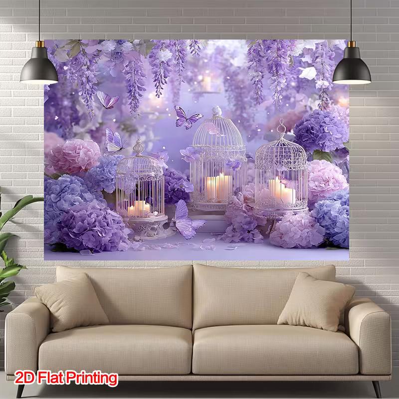 2D Purple Romantic Floral Backdrop, Wisteria & Birdcage Banner, Bridal Shower Party Decor
