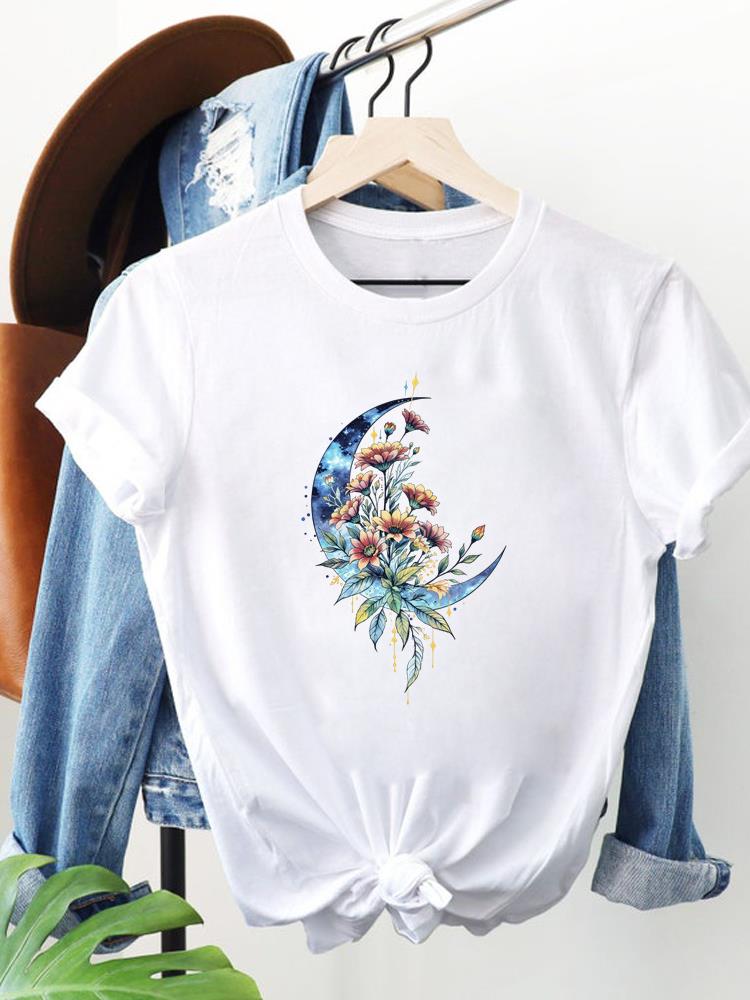(Азиатский размер) милый цветок прекрасный Одежда Женщины Мода Принт Короткий рукав Футболка Топ Женская футболка Женщина Графические футболки