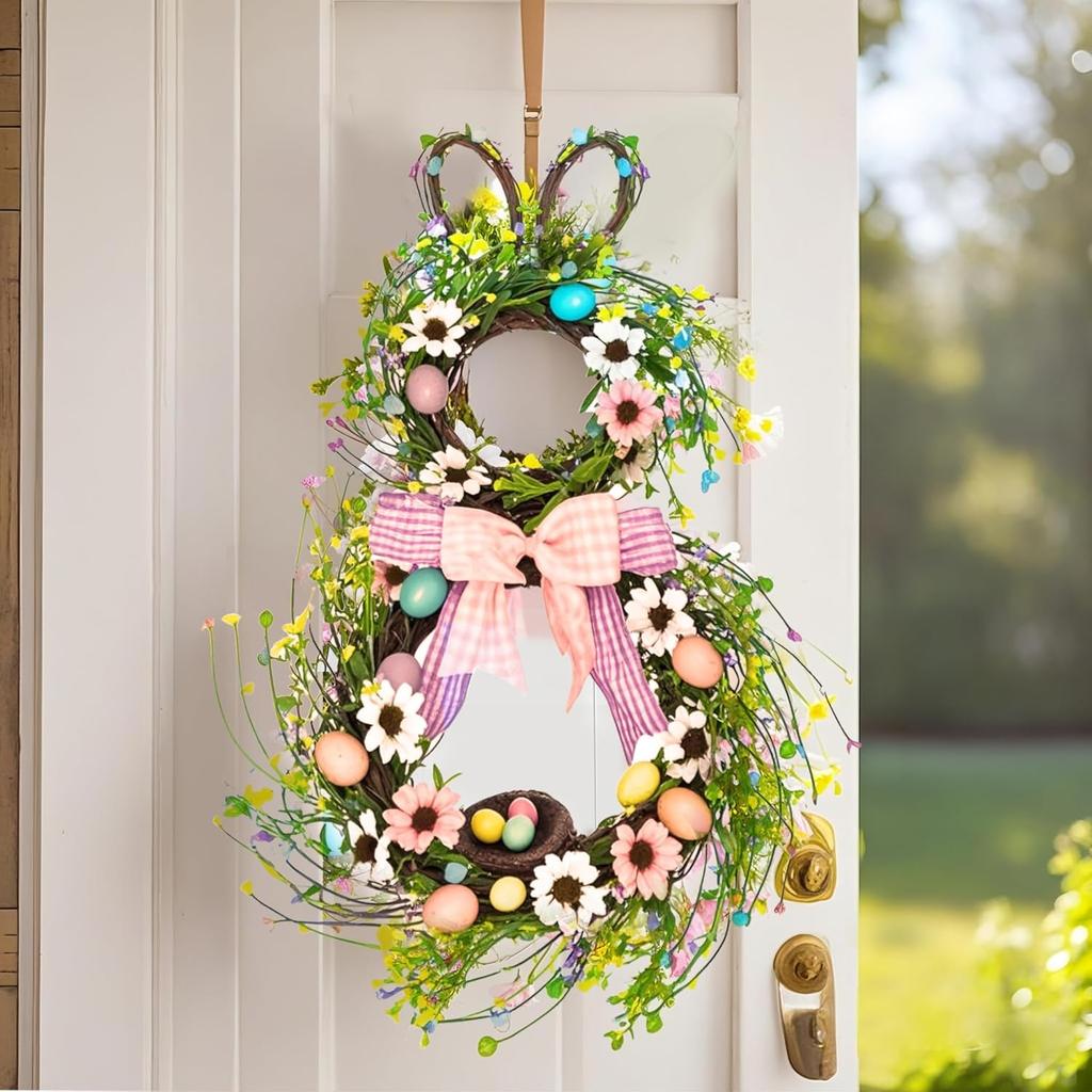 25 Inch Easter Bunny Wreaths for Front Door Decoration,Easter Door Wreath with Pastel Eggs Artificial Floral Decorations for Home Indoor Outdoor
