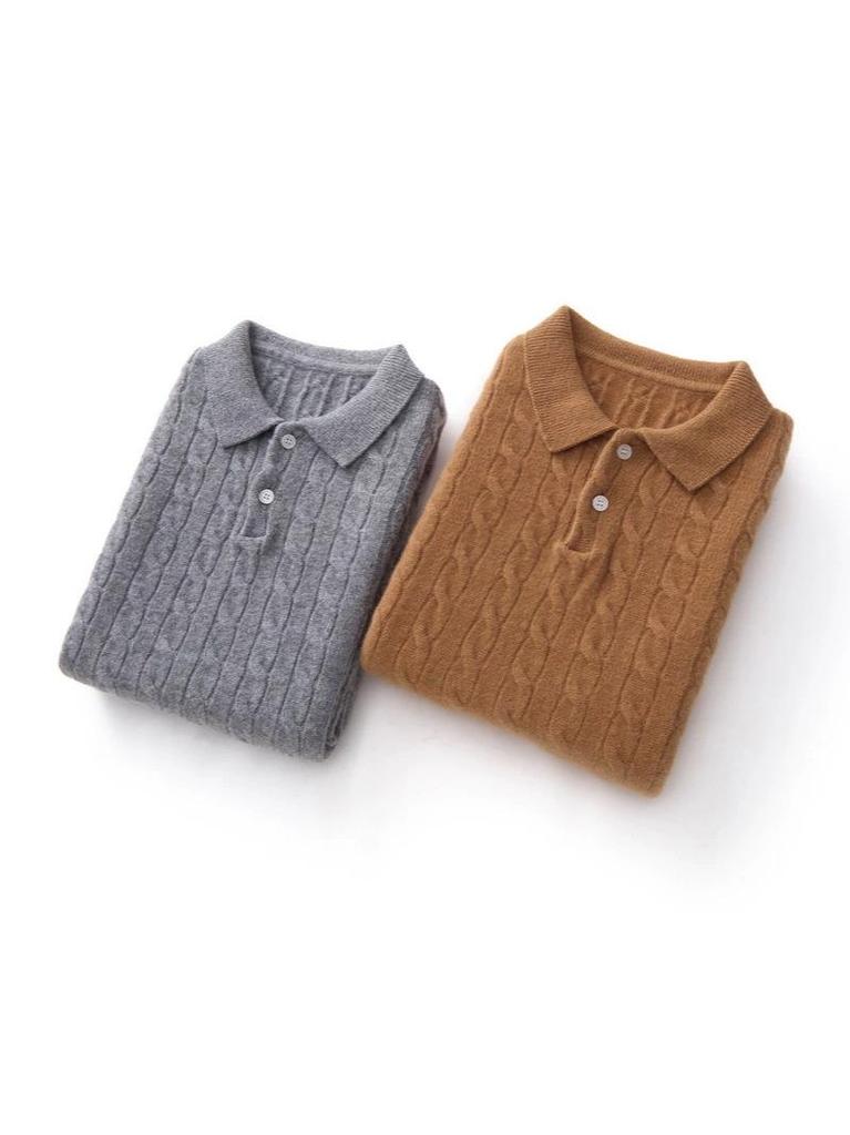 Women's Wool Polo Collar Cable Knit Sweater - Double Strand, Thickened, Loose Fit Base Layer