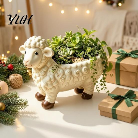 Cute Animal Flower Pot Curly Sheep Planter Pot, Resin Lamb Decorative Shaped Plant for Succulents Cacti Indoor Outdoor Decoration Holder Balcony