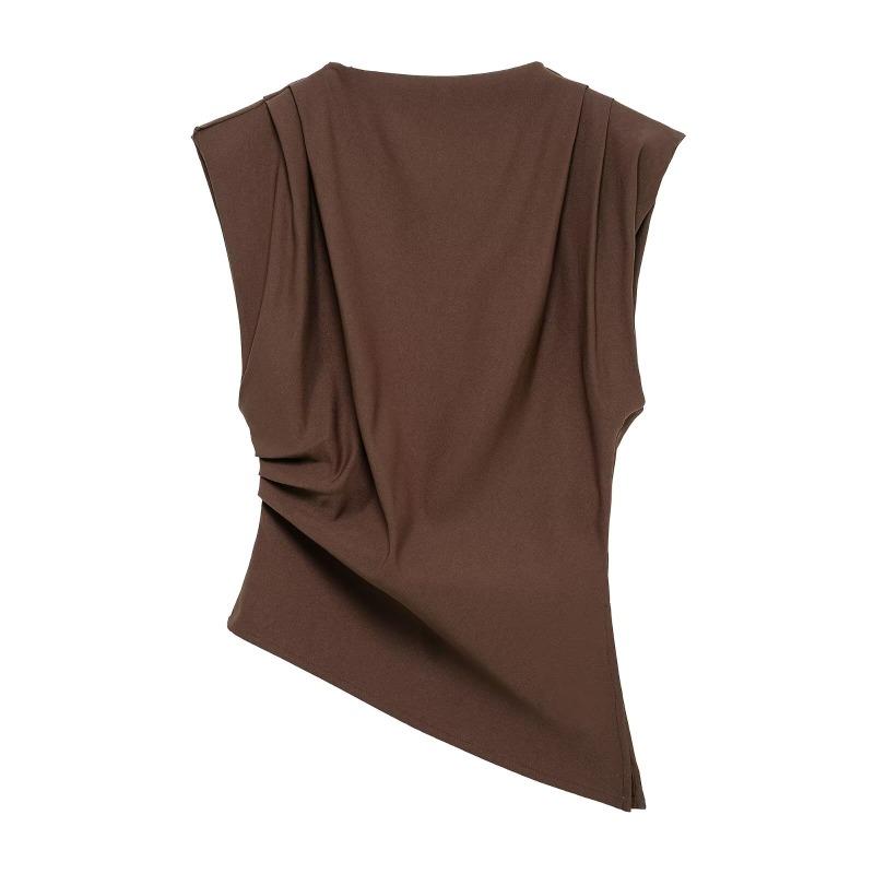 Women S Fashion Pleated Asymmetric Padded Shoulder Casual Top