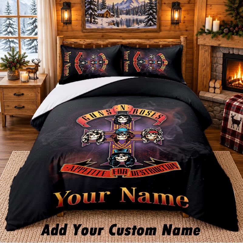 Guns N’ Roses Pattern Bedding 3Pcs Set Custom Name, Bed Sheet And Pillowcases For Home Bedroom