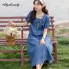 Mori Girl Summer Women 2 Pcs Denim Set Square Collar Floral Embroidery Short Blouse+Midi A-Line Skirt Sweet Elegant Blue Outfits