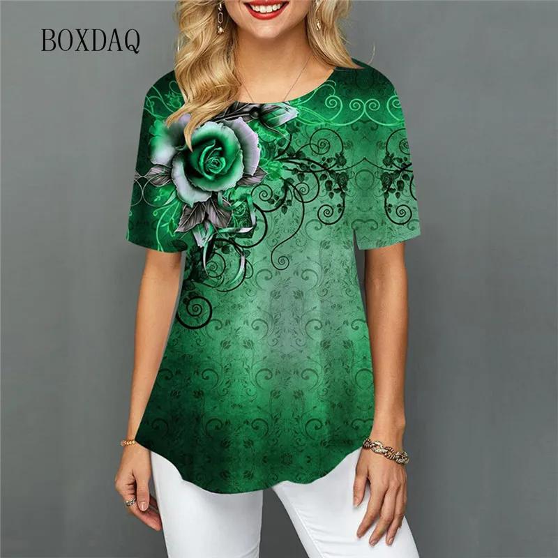 Женские повседневные футболки с цветочным принтом, свободные топы с коротким рукавом и круглым вырезом, женские футболки в уличном стиле с 3D цветочным принтом