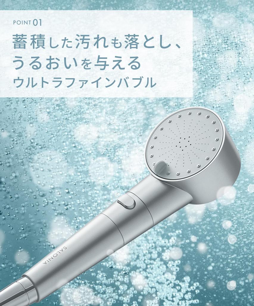 SALONIA Shower Head Fine Bubble Clear Bubble Water Saving High Water Pressure Chlorine Removal Cartridge Bicarbonate Tablet Included Silver Micro-Nano