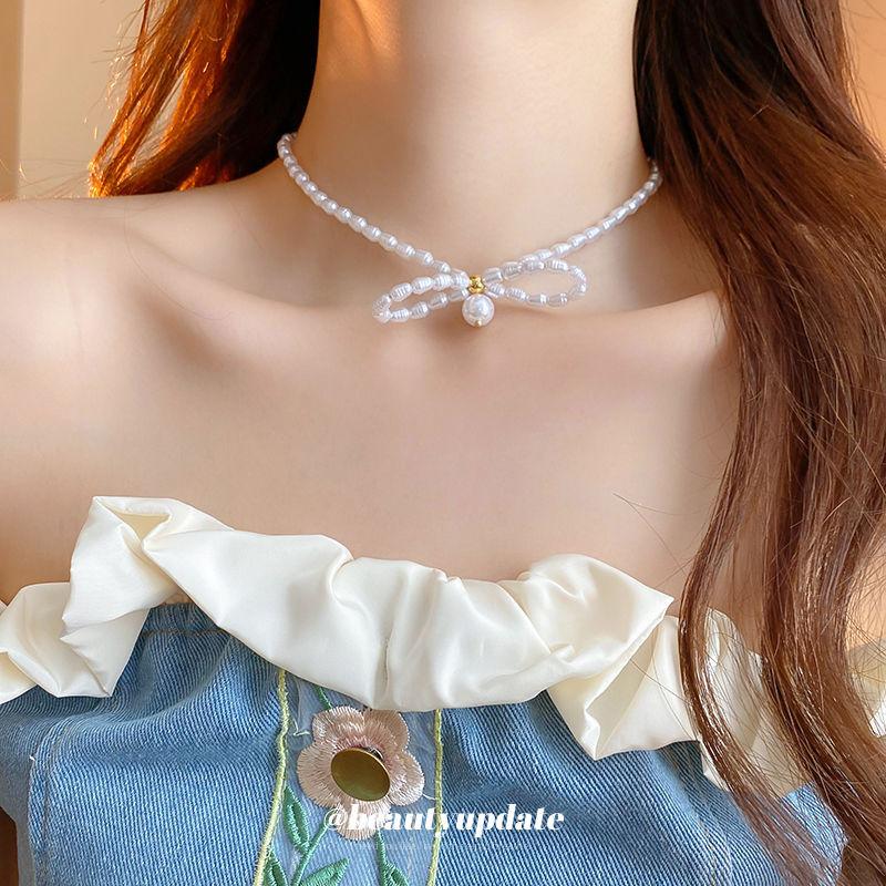 Korean temperament love butterfly pearl fringed necklace fashion collarbone chain versatile item decoration