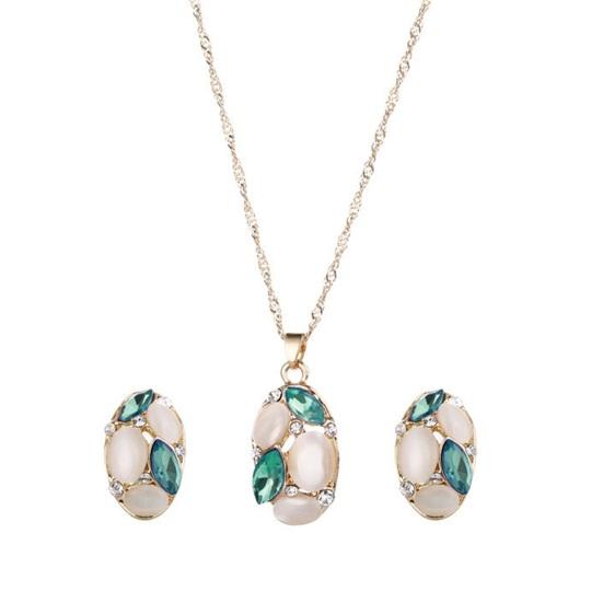 2 шт./компл., роскошный овальный кулон из искусственного опала, комплект ожерелья-гвоздиков с блестящими стразами, женский элегантный комплект серег и ожерелья