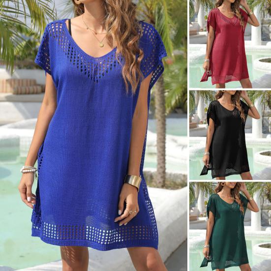 Cover Up Dress Side Split Sun Protection Washable Classic Hollow Pure Color Casual Bikini Cover Up Beach Clothing