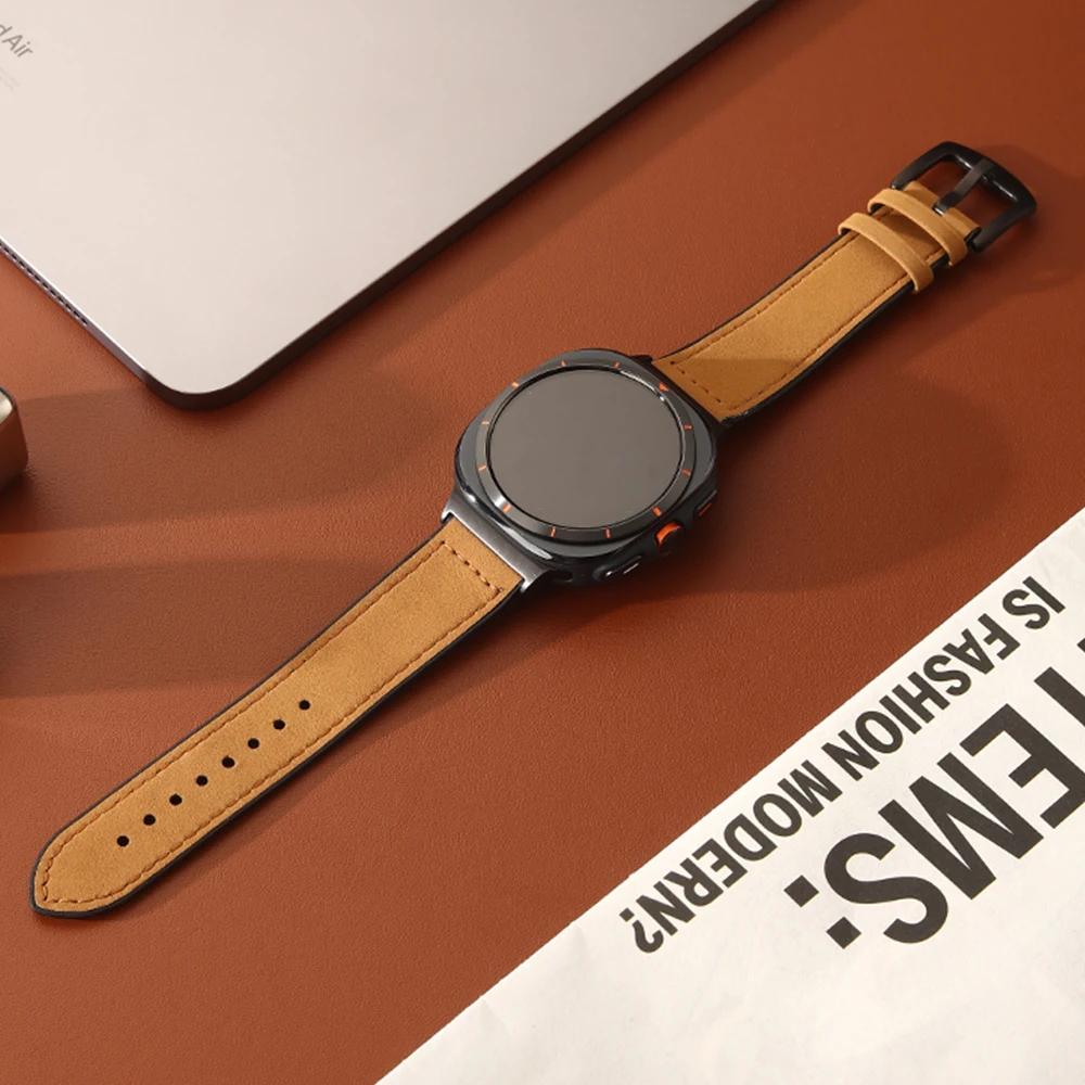 Кожаный деловой ремешок для Samsung Galaxy Watch 8 Classic 46 мм 44 мм 40 мм без зазоров, мужской браслет для Galaxy Watch 7 Ultra 47 мм, роскошный ремешок с изогнутыми концами