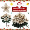 Artificial Poinsettia Bouquet with Green Leaves 4 Fork UV Resistant Fake Silk Flower Home Table Centerpiece Indoor Outdoor Faux Bloom Decoration