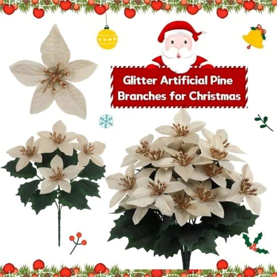Artificial Poinsettia Bouquet with Green Leaves 4 Fork UV Resistant Fake Silk Flower Home Table Centerpiece Indoor Outdoor Faux Bloom Decoration