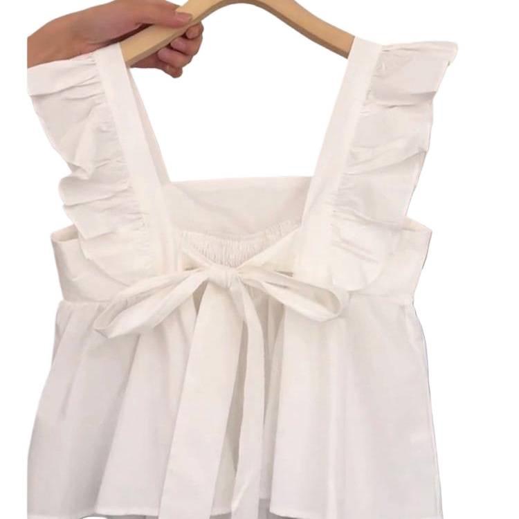 First Love Women's Square Neck Flutter Sleeve Babydoll Top with Bow Lace-up Detail