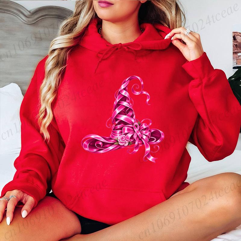 Pink Witch Hat Breast Cancer Graphic Hoodies Breast Cancer in October We Wear Pink Halloween Pullover Women Sweatshirts Gifts