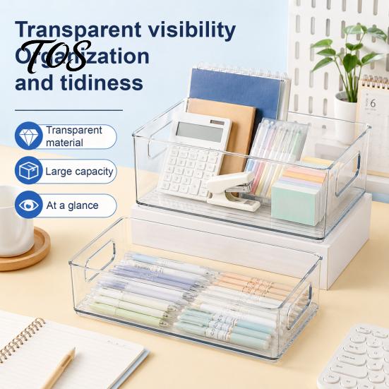 Dustproof Stationery Container Desktop Storage Box, Clear PET Drawers Organizer, Stackable Space Multi Purpose Desk Organizer Saving Case, for Office