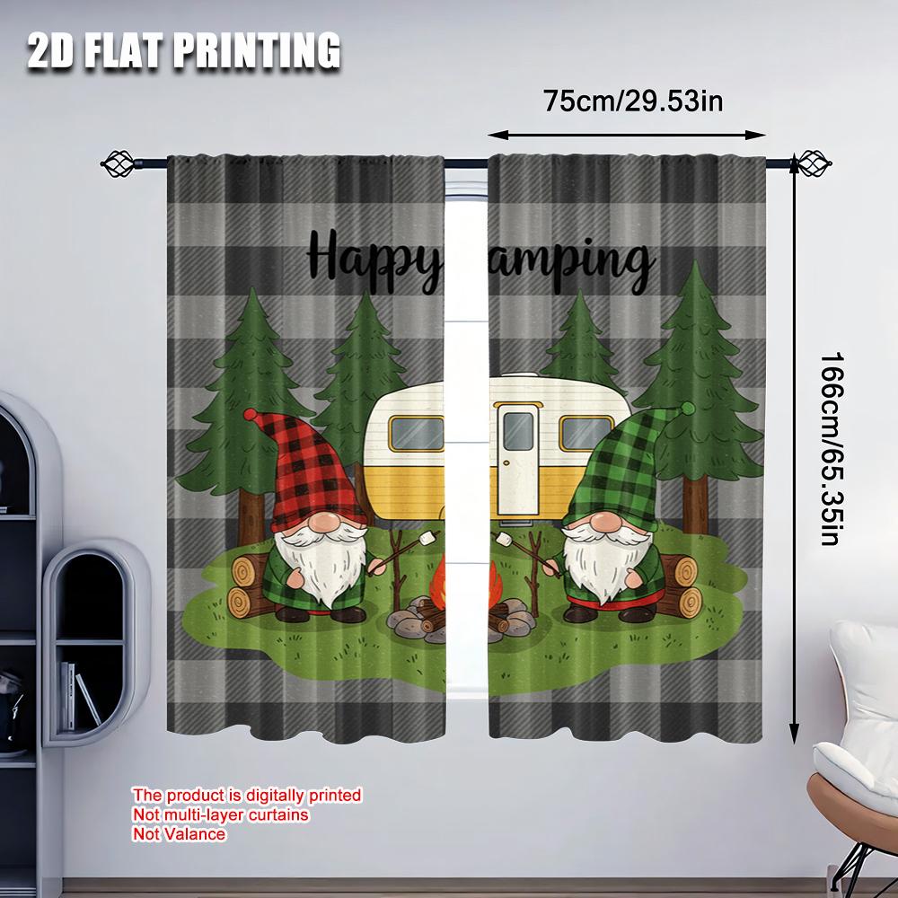 2pcs 2D flat printing Curtain Happy Camping Gnomes Trailer Trees Versatile Polyester Without Electricity Versatile Perfect for