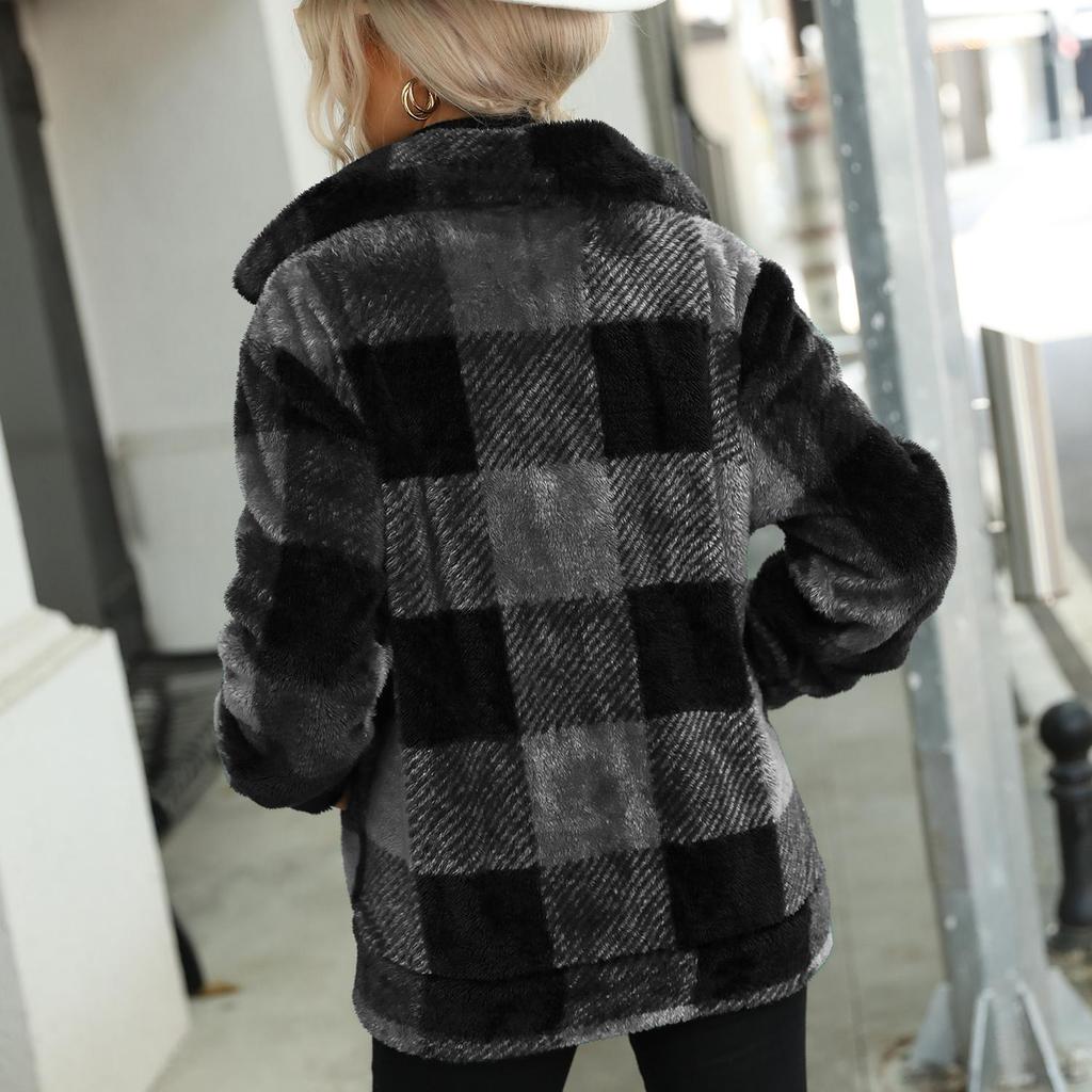 Женские куртки из флиса в клетку на молнии с плюшевыми длинными рукавами на осень-зиму и весну, верхняя одежда средней длины, модная уличная повседневная одежда