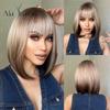 Ombre Блондинка Коричневый Прямой Боб Парик Короткие синтетические парики с челкой Натуральные повседневные искусственные волосы для женщин Термостойкие