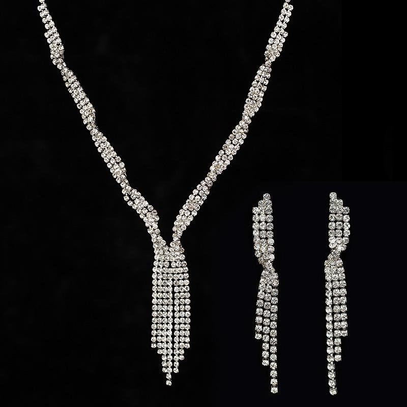 Factory Hot-Selling New Arrival Full Rhinestone Tassel Necklace and Earrings Suite Wind Sweater Chain N185