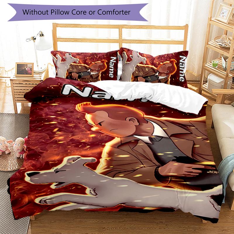 3pcs Custom Name The Adventures of Tintin Bedding Set Duvet Cover Closure Includes 1 Duvet Cover & 2 Pillowcases for All Seasons Bedroom Decor
