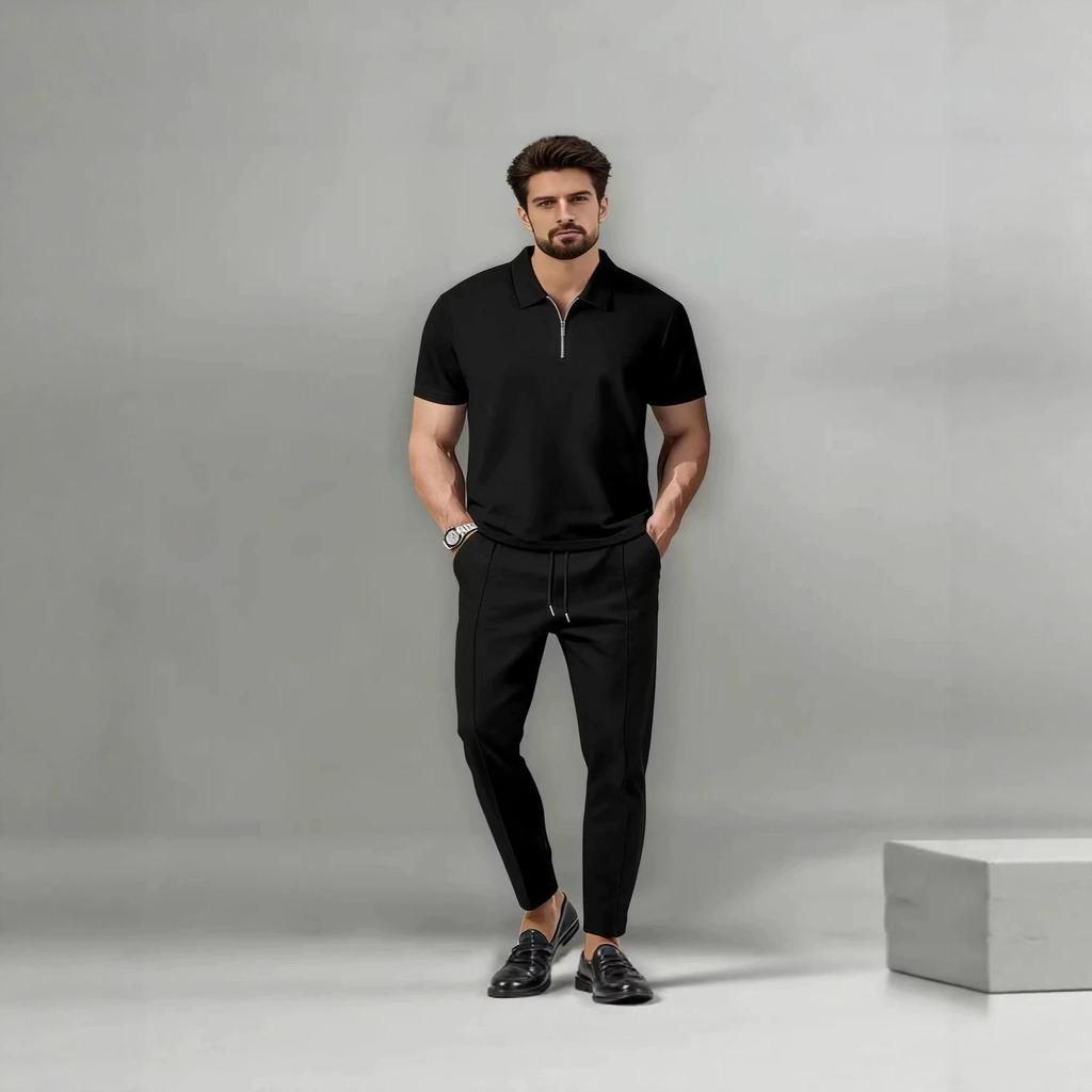 Men's Breathable Polo Sportswear Set - Short Sleeve & Long Pants for Daily Commute Casual Wear