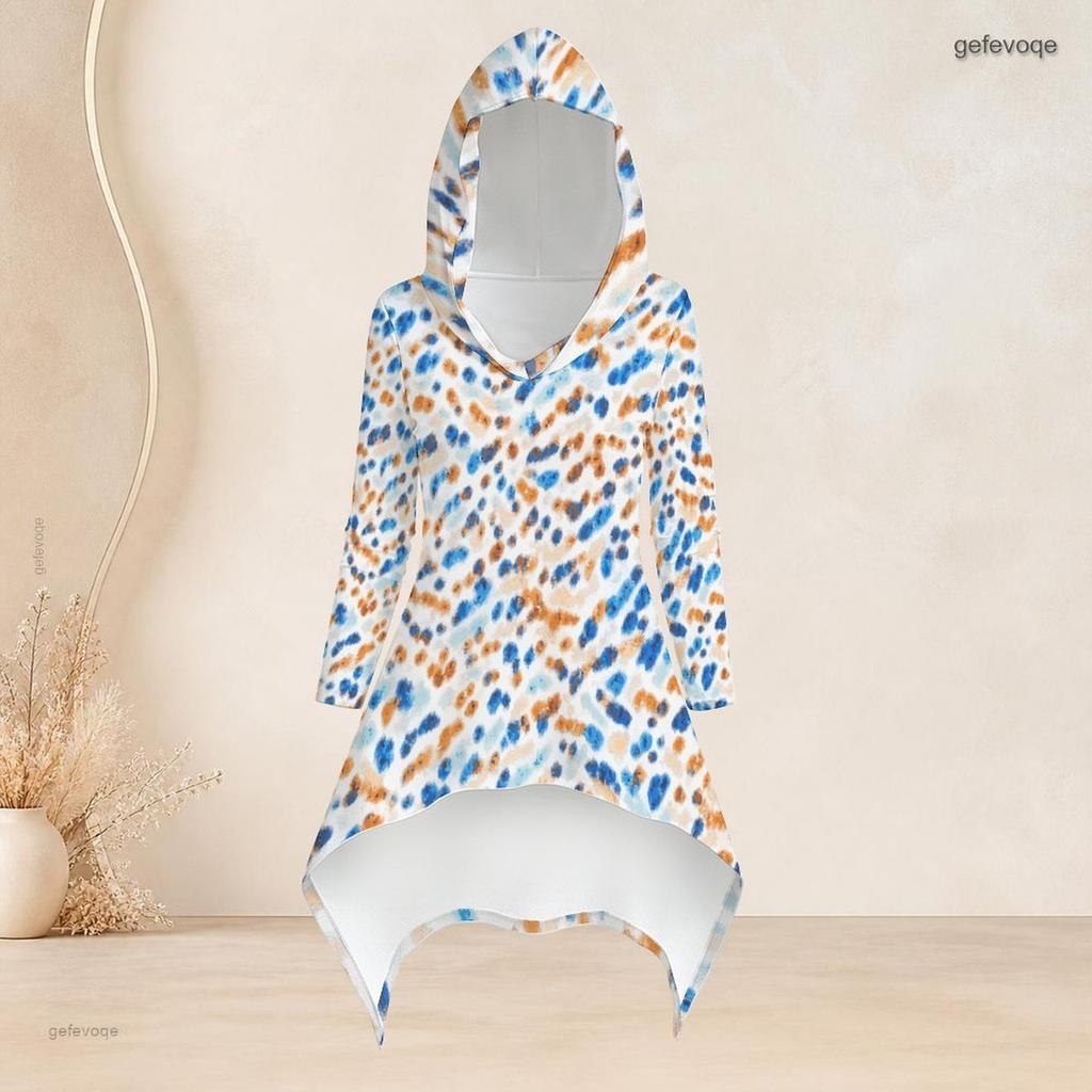 Women Plus Size Black White Gray Printed Hooded Long Sleeve High Low Top Fitted Pants Two Piece Set
