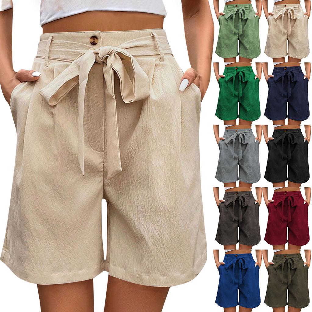Women's Casual Pants Children's Tie Elastic Waist Solid Color Five-minute Pants Wide-leg Shorts