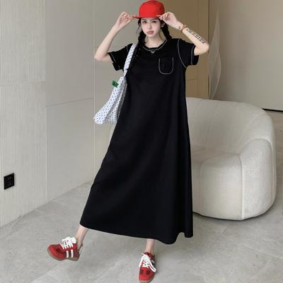 2025 Женское Летнее Длинное Платье Винтажное Платье-Рубашка с Коротким Рукавом Черное Платье Базовое Повседневное Свободное Платье Большого Размера