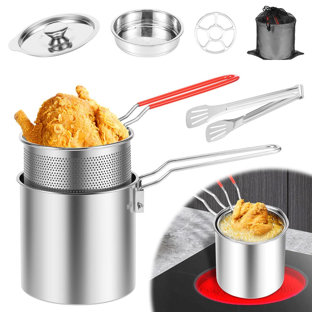 Deep Fryer Pot with Strainer Basket Stainless Steel Oil Fry Pot Oil Filter Container for French Fries Chicken Wings Fish Shrimp