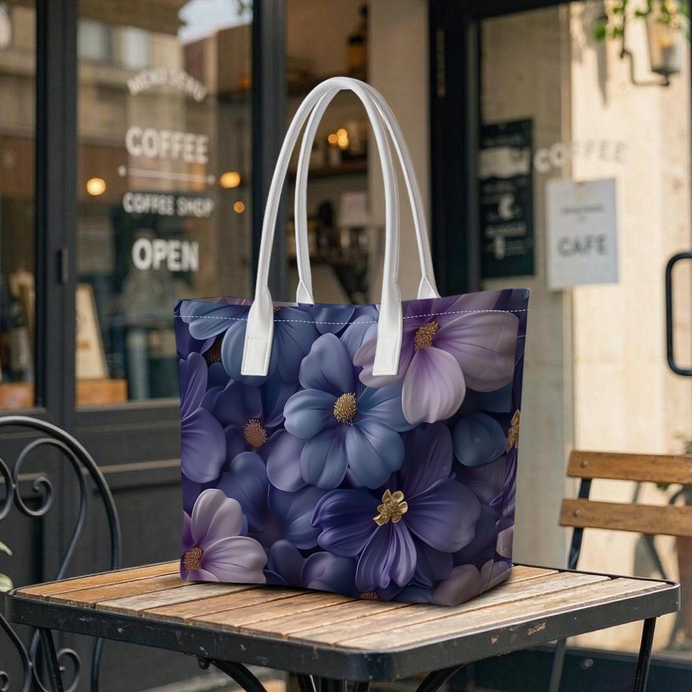 Elegant Purple Floral Tote Bag Fashion Casual Large Capacity Portable Daily Shoulder Handbag for Women