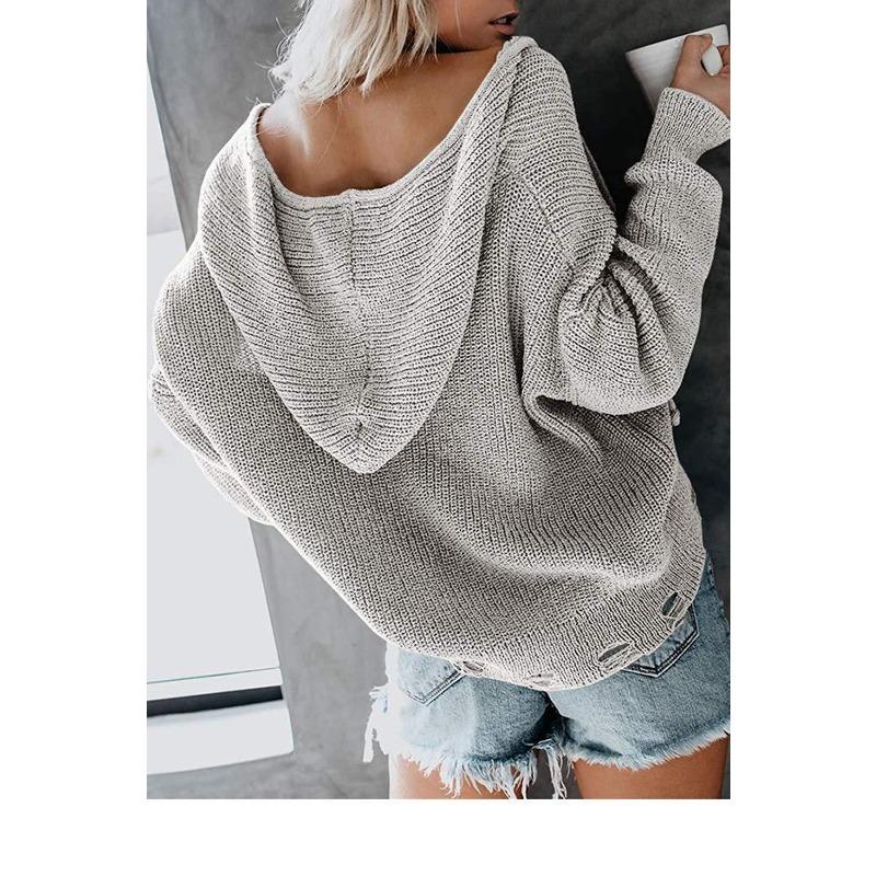 Women S Hooded Zip Up Loose Fit Irregular Sweater