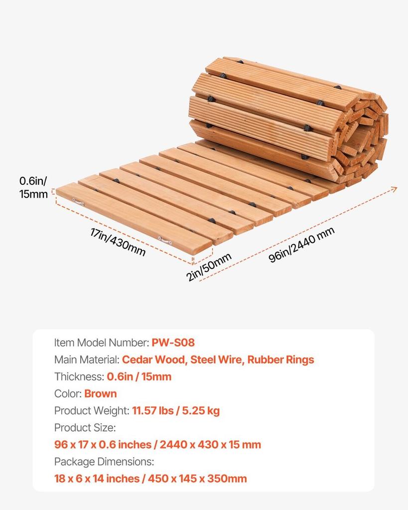 Wooden Garden Pathway, 8 ft L x 17 in W, Non-Slip Straight Garden Walkway, Roll Out Cedar Outdoor Walkway Path with Wire Rope Connection, Decorative