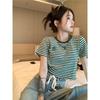 Versatile Striped Short-sleeved T-shirt for Women Ins Trendy Summer New Korean Style Design Slim Short Student Top