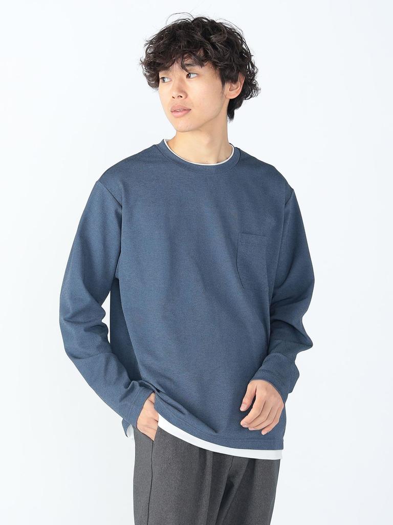 Beams Heart Men's Long Sleeve Tee, Pique Faux Layered Cut and Sew, Navy, Size M